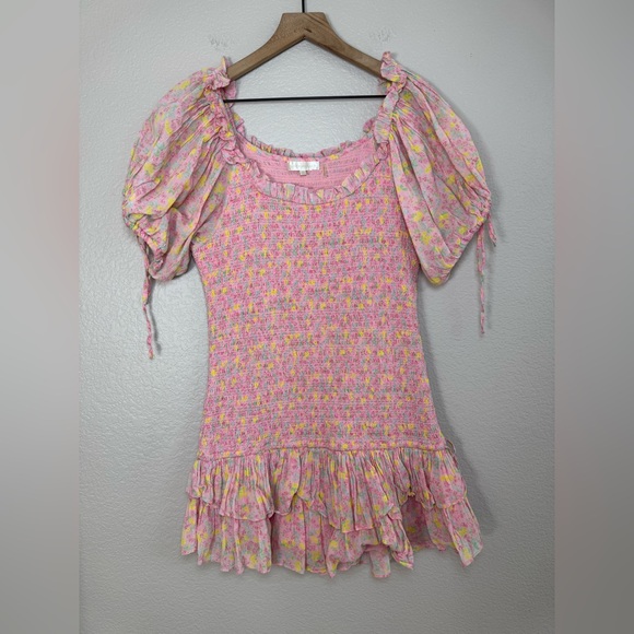 Loveshackfancy Violet Ruffle Mini Dress in Floral Melon Punch size Large $395 - Picture 6 of 16
